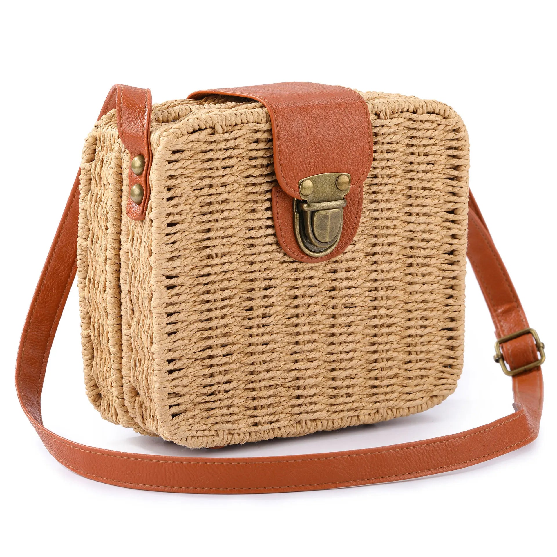 Korean Version of Chinese Style Rampage Straw Bag Simple Square Shoulder Beach Bag Lady Fashion Woven Bag for Summer Autumn