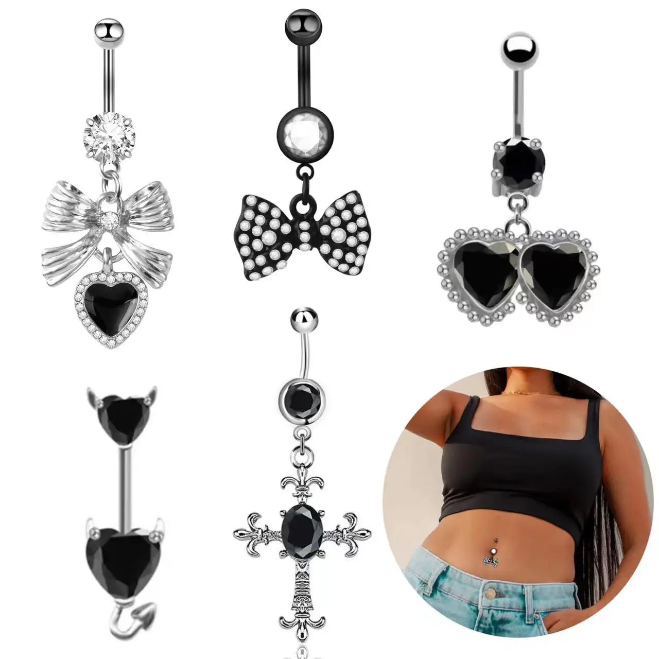 Gaby Hot Sale Stainless Steel Belly Ring Jewelry Heart Cross Navel Ring Belly Button Ring Black Cool Body Piercing Jewelry