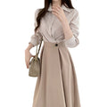 Wholesale 2026 Autumn Elegant Temperament Polo Collar Contrast Panel Shirt Fake Two Piece One Button Waist Women's Dress