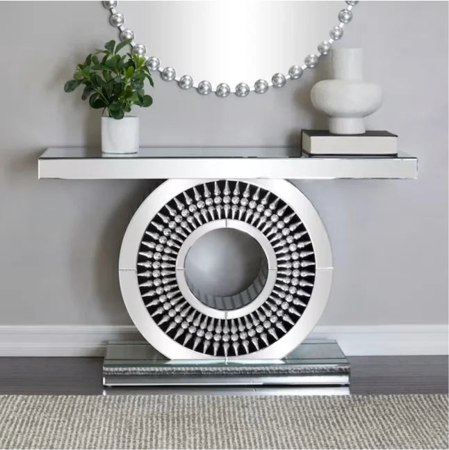 Glam Silver Mirrored Crystal Console Table
