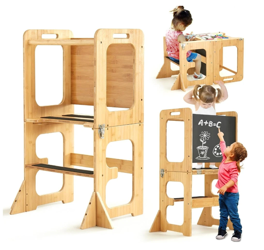 Modern Montessori Wooden Kitchen Tower Bamboo Step Stool Learning Helper for Kids for Bedroom Living Room or Bathroom