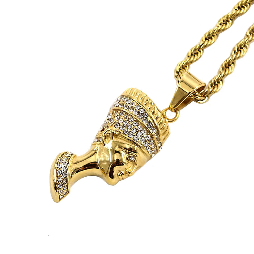 Ancient Egyptian Men's Stainless Steel Gold Color Zircon Beads Pharaoh Egypt Queen Pendant Necklace Jewelry Hip Hop
