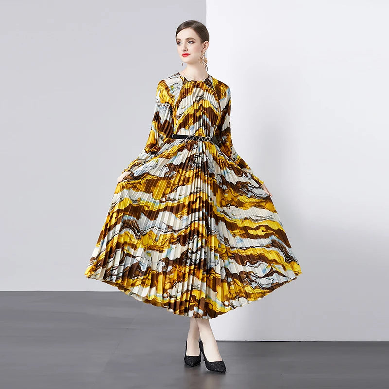 2024 Autumn Summer American Style Ruched Pleated Chiffon Woven Floral Vintage Midi Women's Natural Waist Puff Sleeve Lace Dress