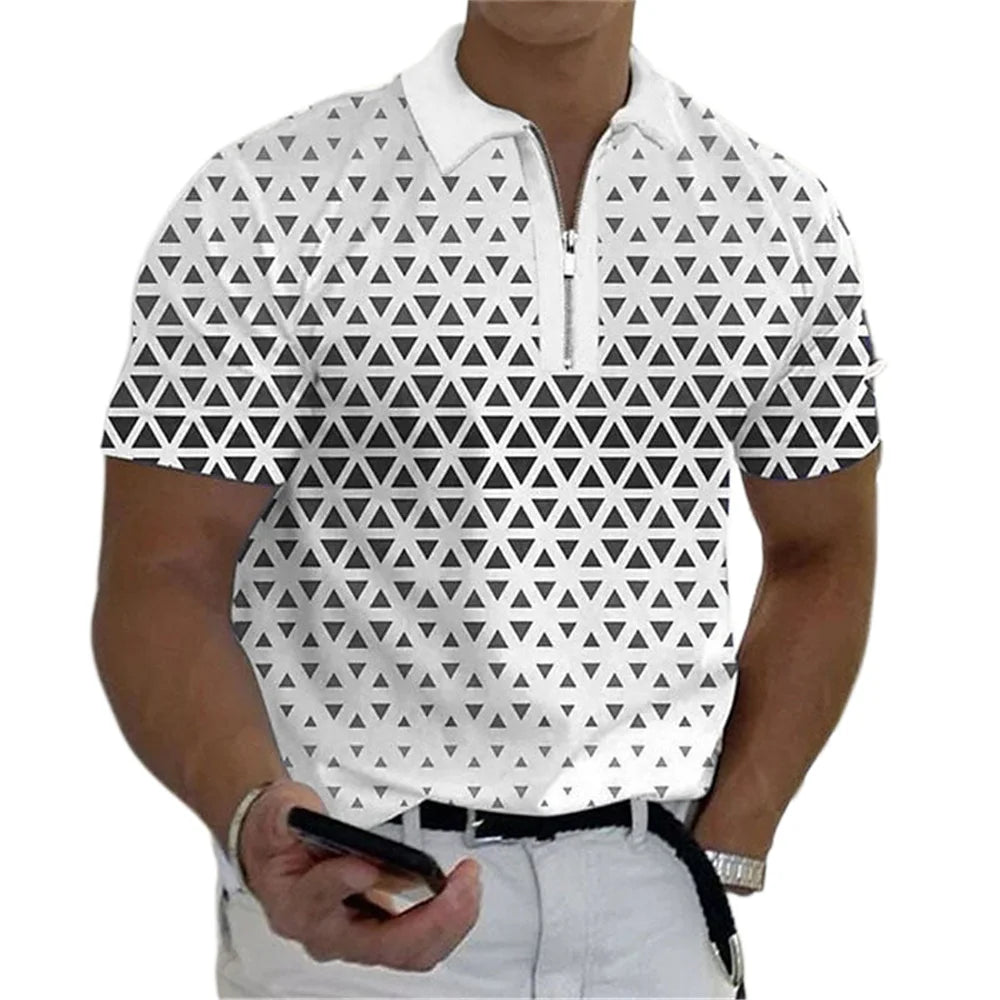 2026 Men's Geometric Triangle Print Half Zip Polo Shirt - Short Sleeve Casual Golf Top for Business & Daily Wear
