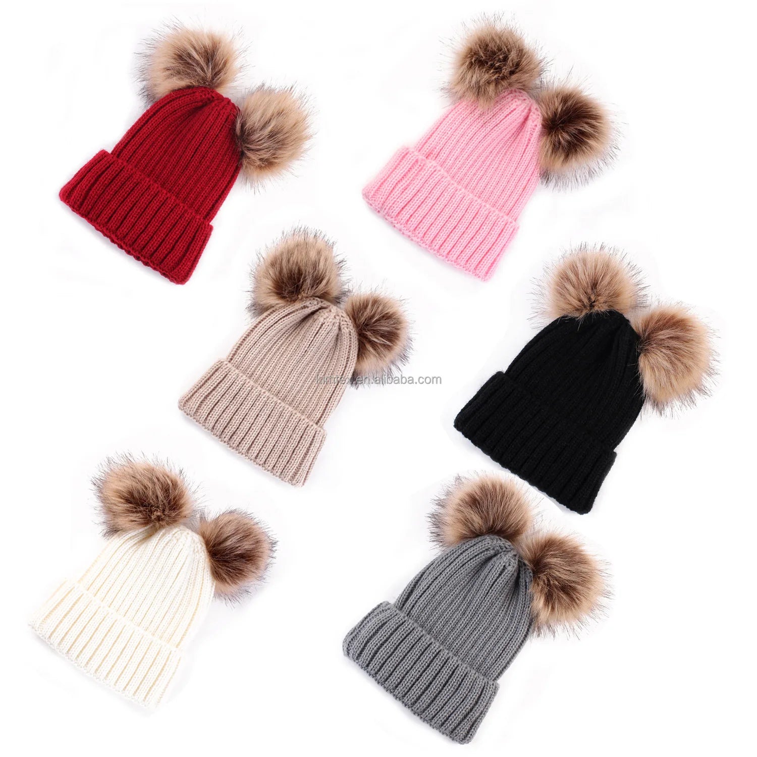 High Quality Warm Acrylic Knitted Winter Beanie Toque With Faux Fur Two Pom Pom