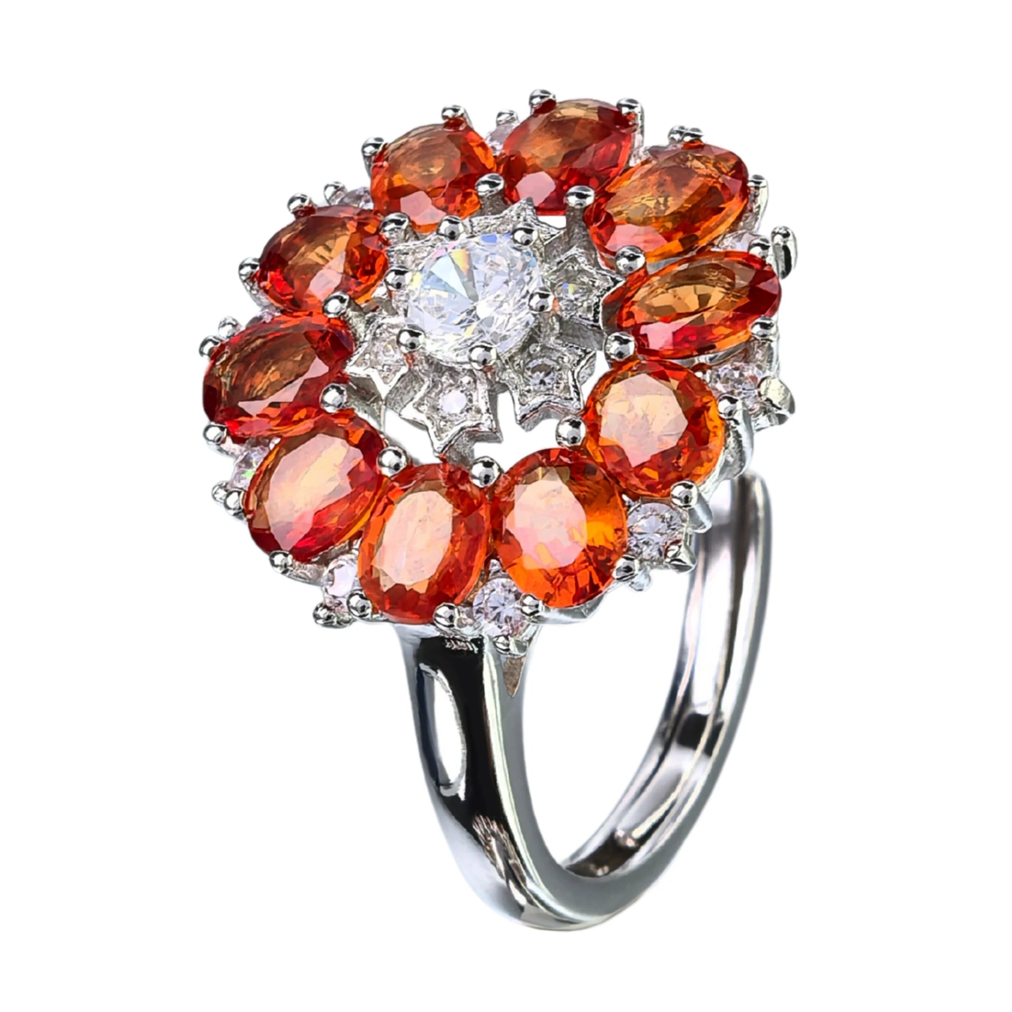Luxurious Rhodium Plated Silver 925 Jewelry Natural Mandarin Sapphire Flower Ring for Women Anniversary Gift