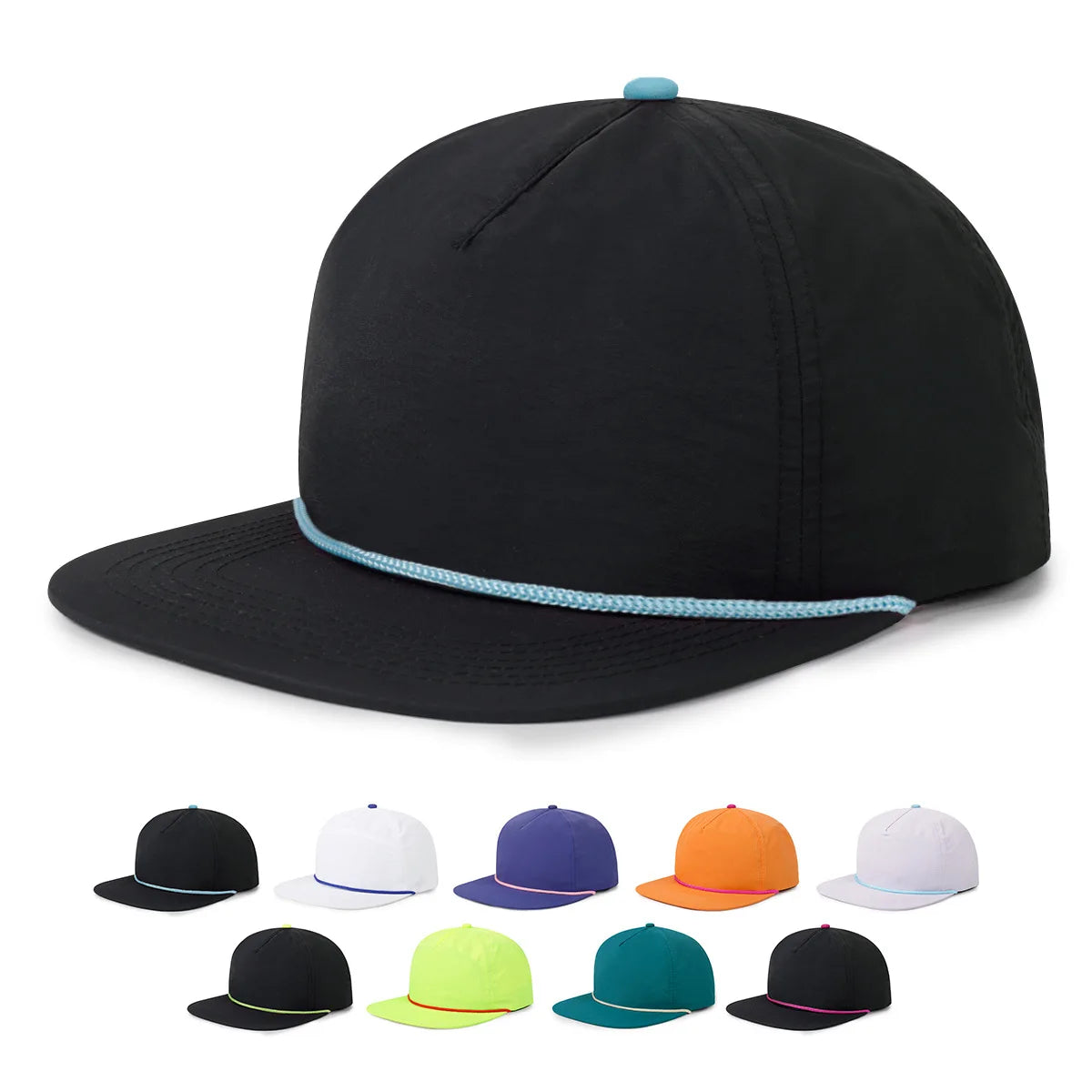 Wholesale Lightweight Breathable 5 Panels Flat Brim Caps Quick Dry Tie Bank Unisex Baseball Cap
