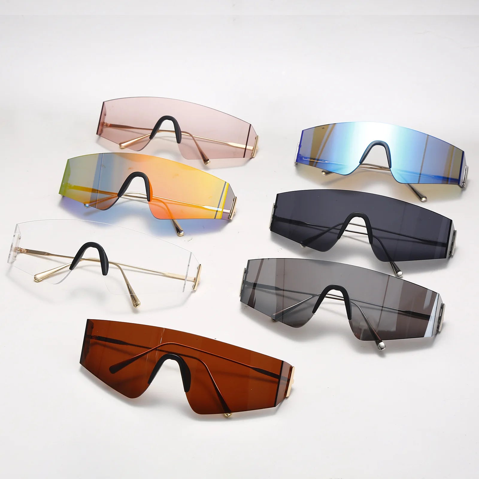 UNOC Stylish Gold & Silver Tone Frameless One Piece Sunglasses Trendy Flat Top Sun Glasses with Ocean Lens Shades for Unisex
