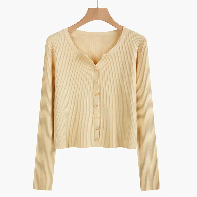 Ice Silk v Neck Sweater Women's Thin Spring and Autumn New Solid Color Long Sleeved Cardigan Jacket Short Top