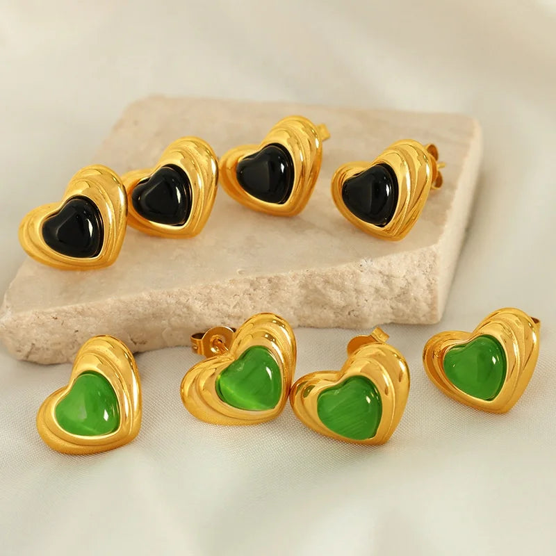 Vintage Fashion Jewelry Inlaid Green/Black Crystal Love Heart Earrings Women Stainless Steel Plated 18K Gold Stud Earrings