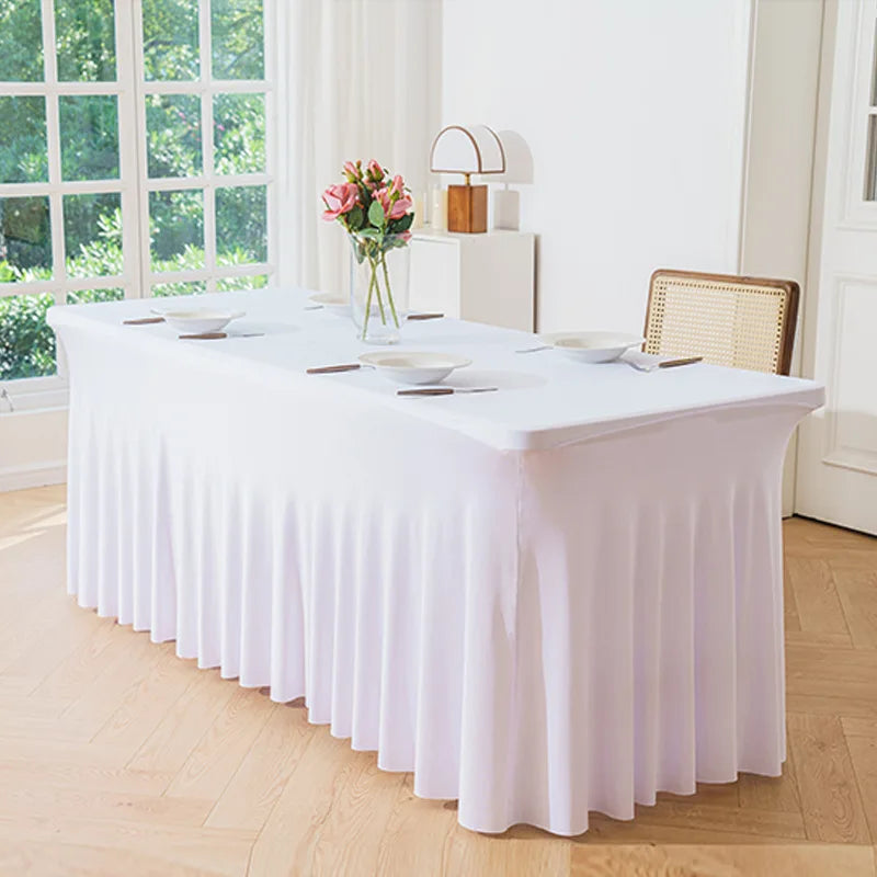 Stretch Custom Size Rectangular White Ruffle Table Cover With Skirt for Wedding Decoration
