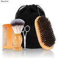 Wanmei Private Label Men Wood Boar Bristle Brush Beard Scissor Kit Beard Comb and Brush Set
