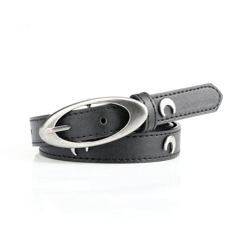 New Crescent Antique Silver Buckle Belt Punk Style Fashion Personality Stars Belt Decorated Jeans for Women