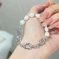 New AAA Grade Trendy Baroque Silver Plated 8-line Knot Slap Snap Bracelet 7-8MM Natural Freshwater Pearl Beautiful Pearl Jewelry