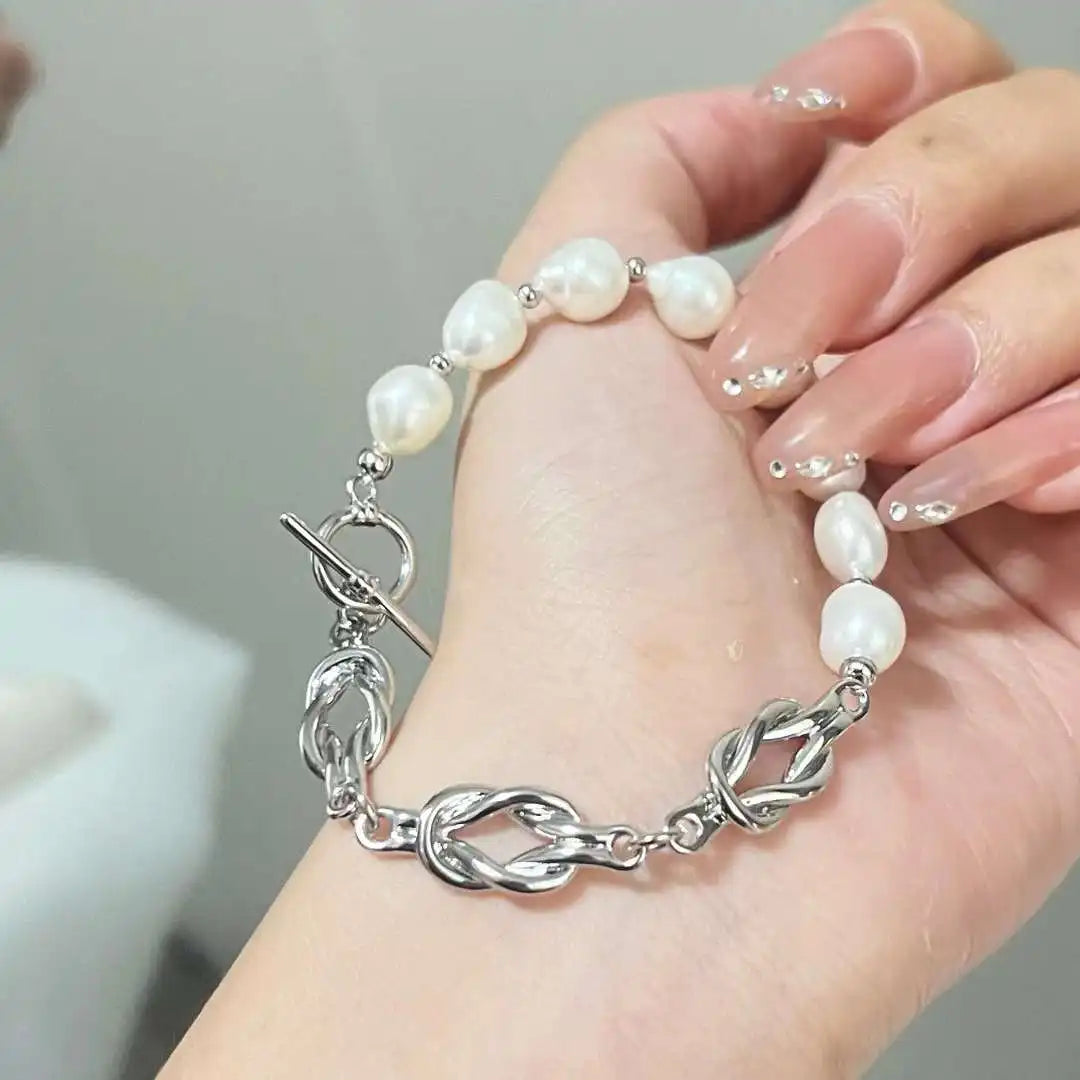New AAA Grade Trendy Baroque Silver Plated 8-line Knot Slap Snap Bracelet 7-8MM Natural Freshwater Pearl Beautiful Pearl Jewelry