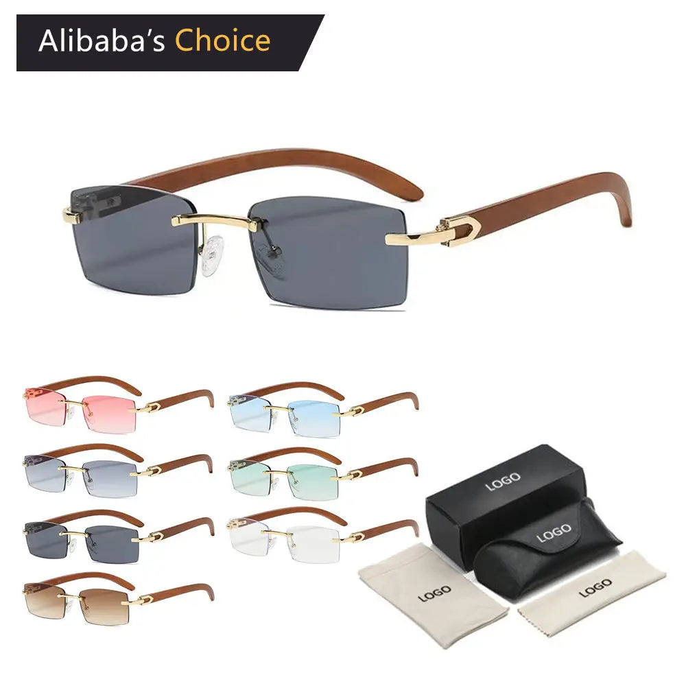New Stylish Custom Logo Designer Luxury Mens Shades Small Frame Rectangle Rimless Sunglasses Wooden Sunglasses Men