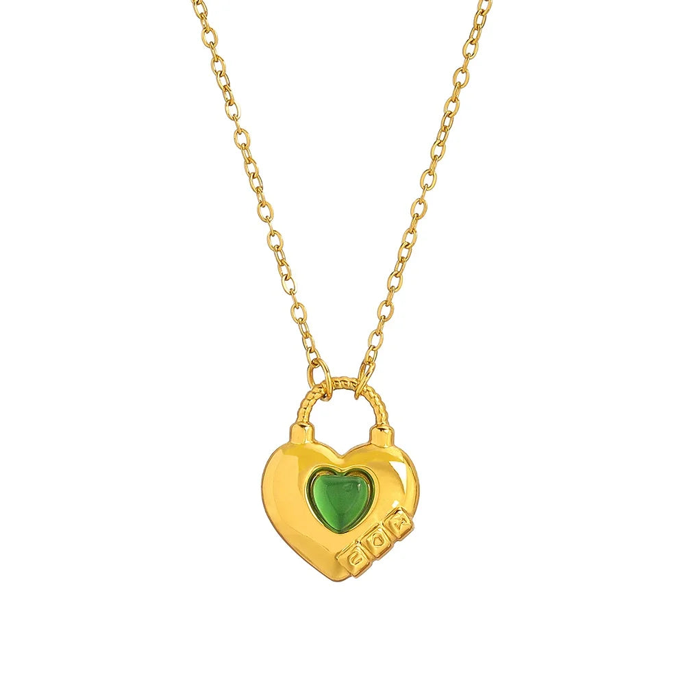 Craft Wolf Beautiful love Gift for Girls Charm Chain Heart Lock Pendant With Green Resin Necklace Stainless Steel Gold Plated