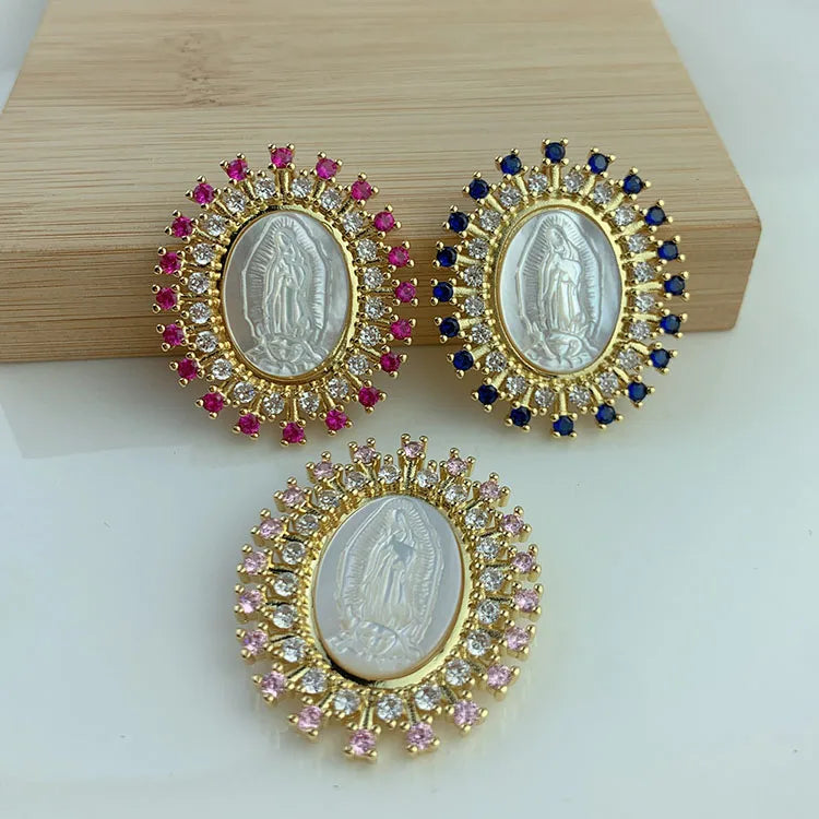 CZ8758 18K Gold Plated CZ Micro Pave Mother of Pearl White Shell Medal Virgin Mary Charm Pendants