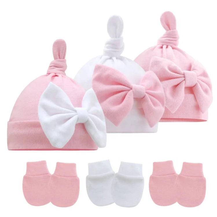 Newborn Baby Girl Cotton Bow Beanie Infant Hats Mittens Set 2023