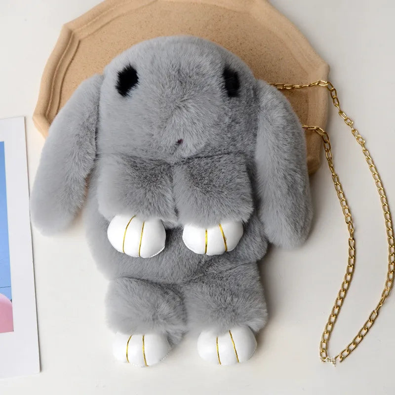 Plush Rabbit Bags Females Cute Stuffed Animal Plush Purses Girls Design Faux Fur Chain Handbags for Women