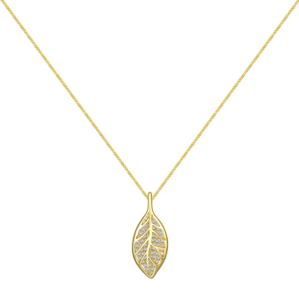 Elegant 925 Sterling Silver Women's 18K Gold Plated Link Chain Stylish 5A Cubic Zirconia Leaf Pendant Necklace Trendy Parties
