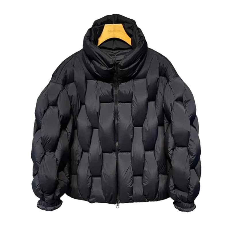 OEM Luxury Square Weave High Collar Winter Parka Breathable Fabric Hooded Jacket Pattern Decoration Men XL Padded Puffer Coat