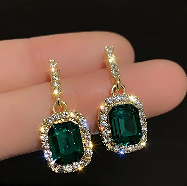 Boho Fashion Cute Luxury Small Earrings Studs Zircon Square Deep Green Diamond Earrings for Women