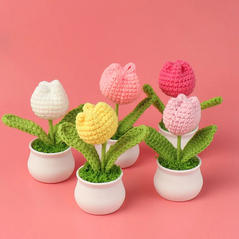 Hot Sale Wholesale Multi Color Crochet Flower Wool Yarn Simulation Small Tulip Potted Plant Desktop Car Office Ornament for Gift