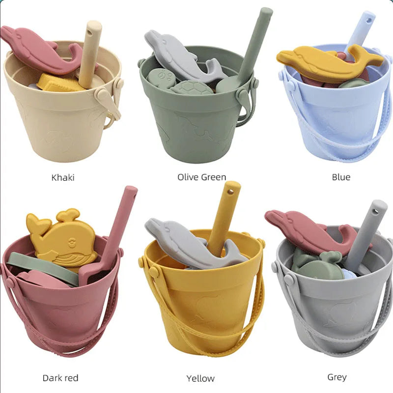 Hot Selling Bucket Eco Friendly 8Pcs Sand Molds Portable Set Silicone Kids Beach Toys