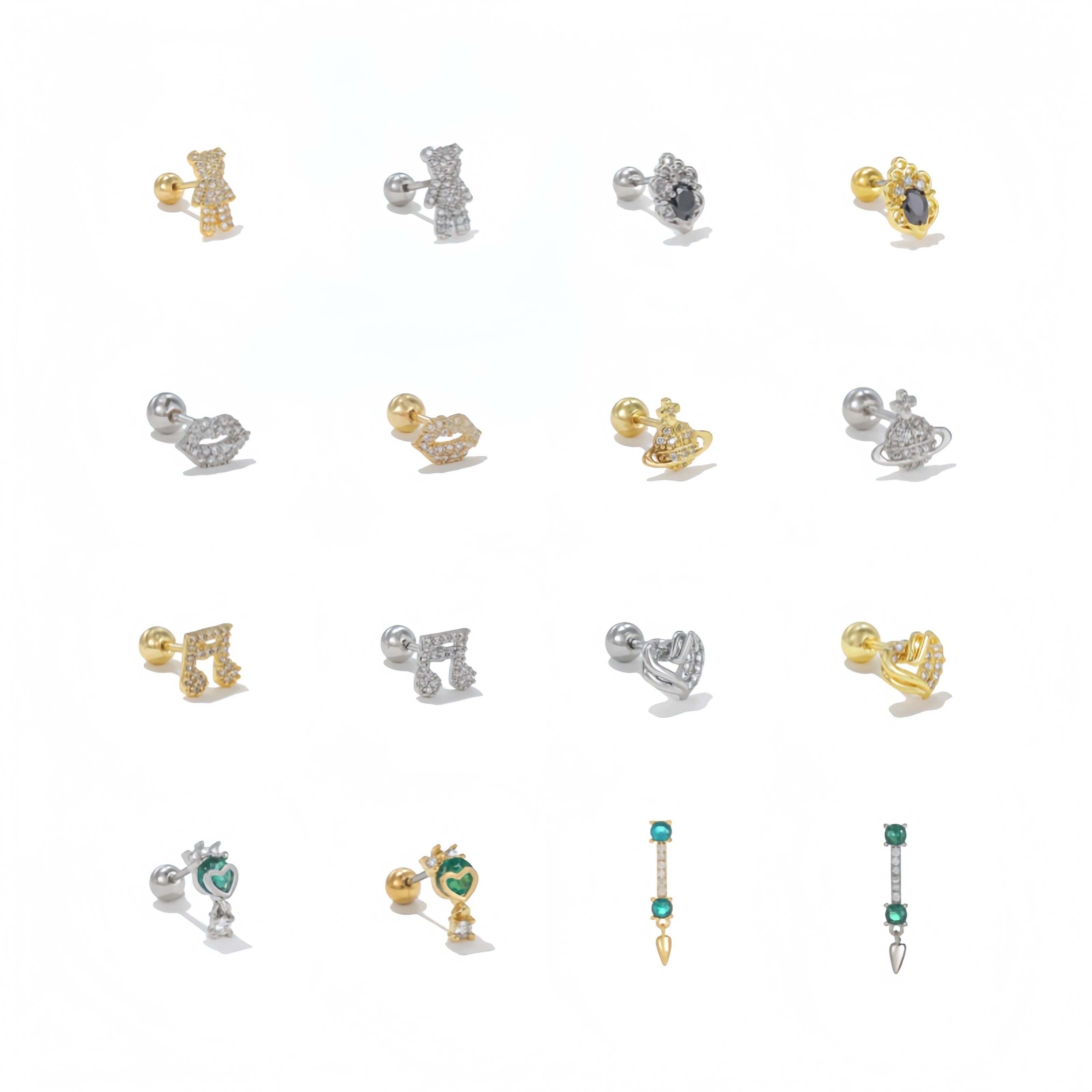 Custom 3A Zircon Emerald Titanium Bear Heart Shape Stud Earrings Hypoallergenic Gold Plated Piercing Jewelry for Daily Wear