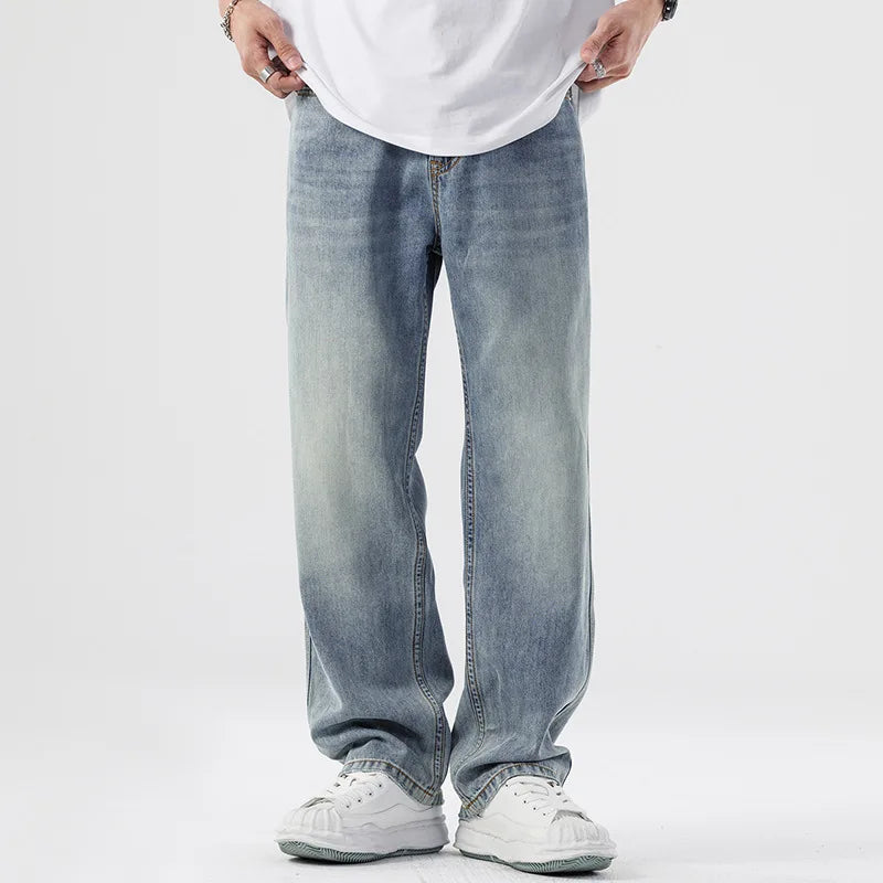 Custom Loose Hip Hop Straight Leg Patchwork Stonewashed Light Fashion Washed Retro Comfortable Casual Jeans with Button