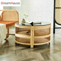 Living Room Round Wood Rattan Coffee Table