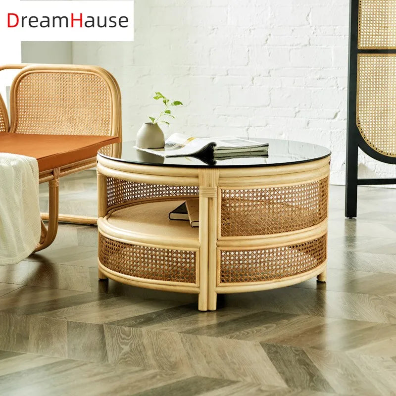 Living Room Round Wood Rattan Coffee Table