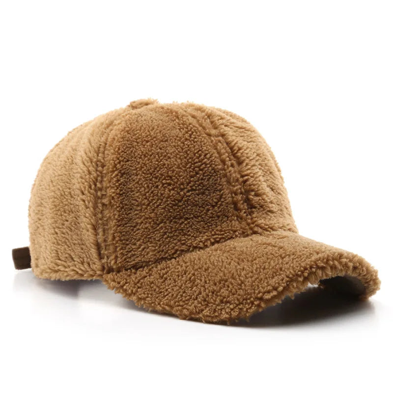 Custom Logo Merino Cashmere Wool Brown Teddy Fur Winter Warm Unstructured Baseball Cap Hat for Women to Place Logo
