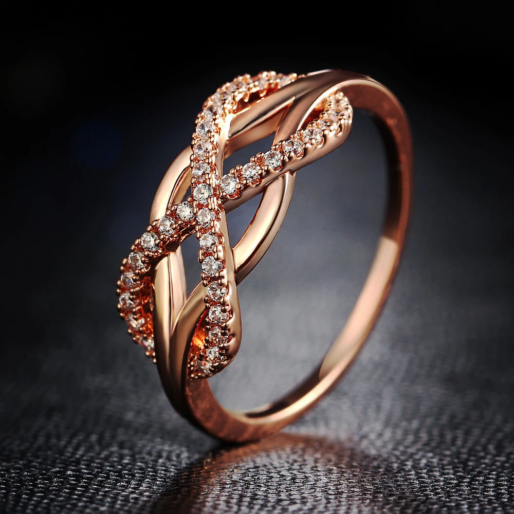 Huitan Infinity Rings Women Rose Gold Plating Cubic Zirconia Silver Color Ring Unique Designs Women Cross Cross Ring