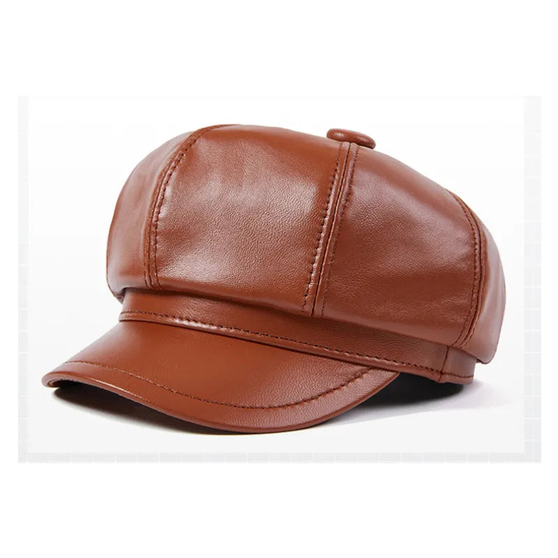 H509B Genuine Sheep Leather Beret Hat Octagonal Adult Bucket Baseball Cap with Denim & Printed Pattern