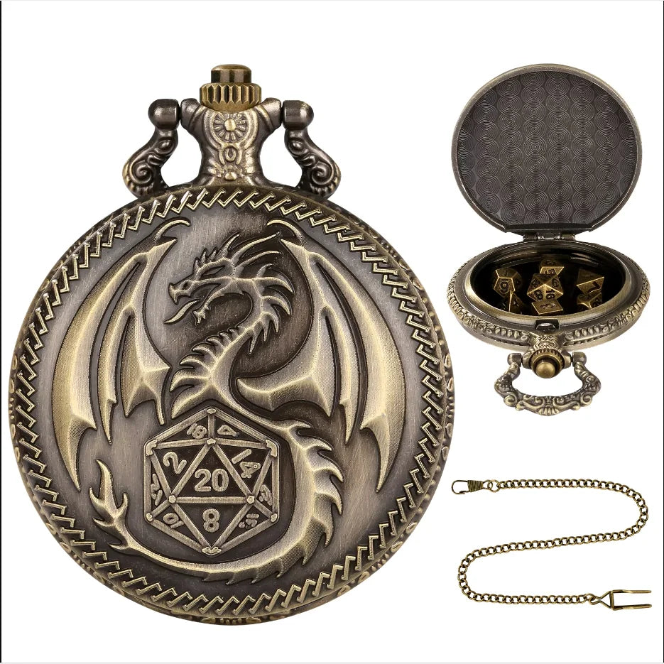 Cool Gift Favors D&D Dragon Double Swords Antique Metal Dial Pocket Watch Dice Case Party Dice Set Role Playing Board Games MegaBDM