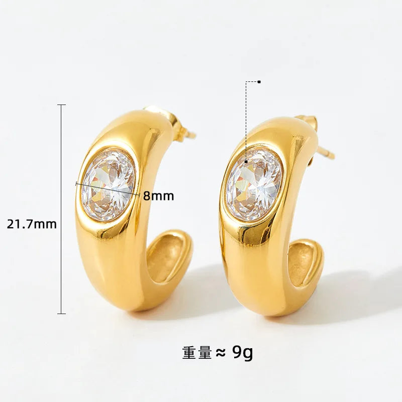 Women Fine Jewelry Colorful Diamond C Earrings Stainless Steel C-Shaped Earrings With Zircon