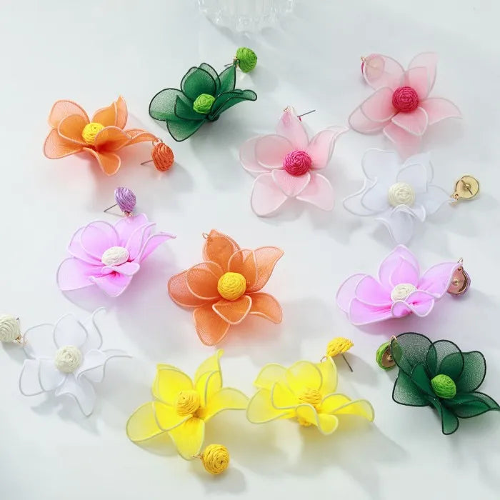 Bohemian Beach Style Gold Plated Fabric Flower Drop Earrings for Women Handmade from Zinc Alloy for Parties