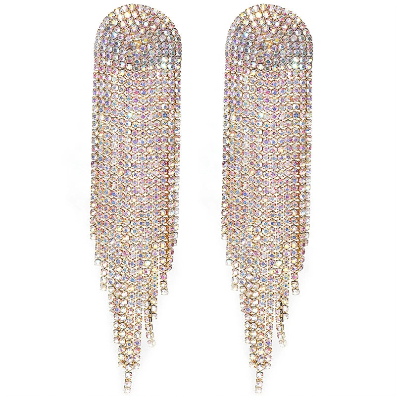 Hot Selling New Claw Chain Series European American Exaggerated Full Diamond Super Long Tassel Rhinestone Cute Iron Earrings