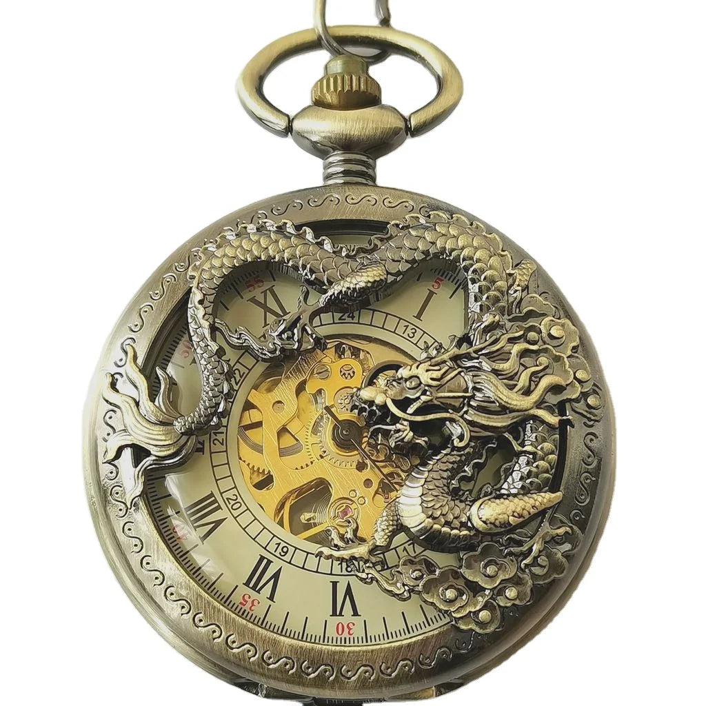 Vintage Half Dragon Stainless Steel Hollow Mechanical Pocket Watch