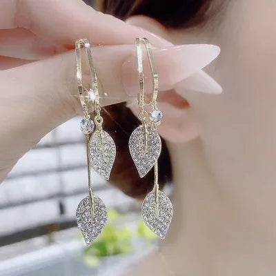 Spring Winter Exquisite Crystal Earrings Bling Rhinestone Hollow Out Leaves Earrings Exaggerated Zircon Hoop Earrings