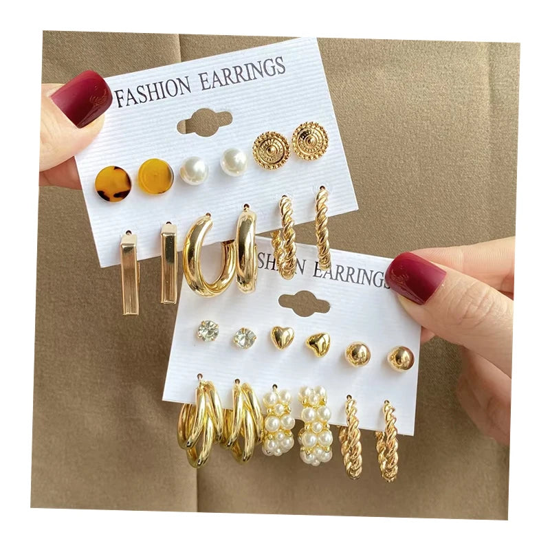 New Wholesale Trendy  Gold Smooth Chunky Hoop Earrings Set for Women Twisted Alloy Pearl Button Stud Earrings Jewelry