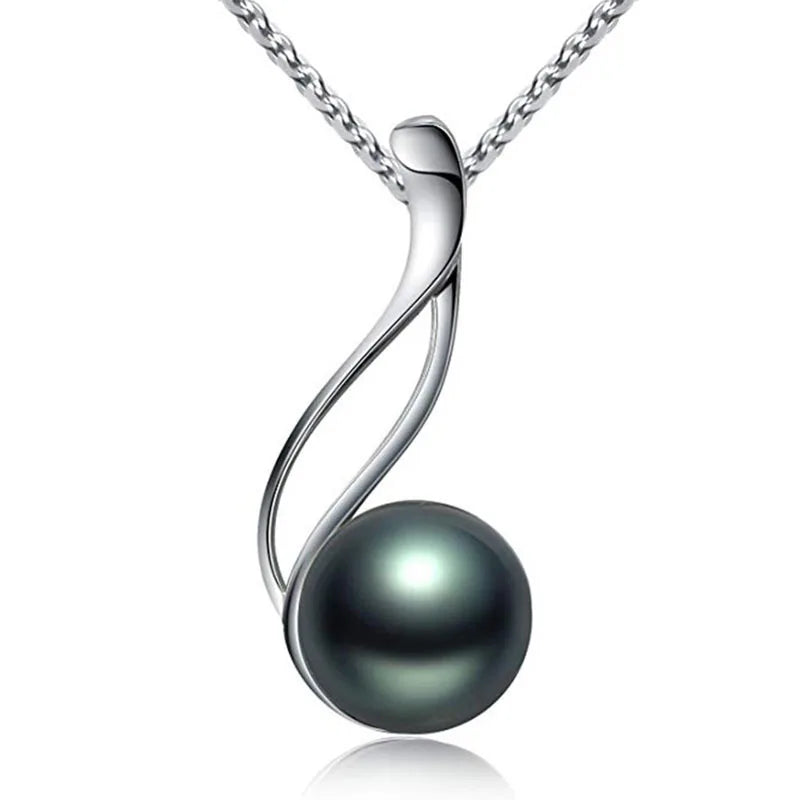 Fine Jewelry 925 Sterling Silver Black Pearl Ribbon Pendant Necklace for Women