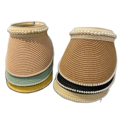 Elegant Hats Breathable Yellow Sun Plain Beach Visor Hat Straw Knitted Cap With Pearl Decoration