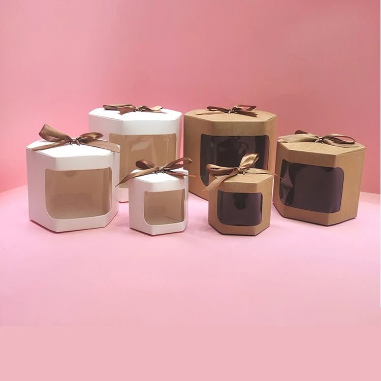 Wholesale Multi Size Polygon Kraft Cardboard Folding Box Packing Gift Paper Boxes with Pvc Window for Candy Cake Soap Cookie