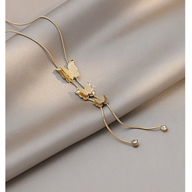 GT Stainless Steel Multi Layer 3D Butterfly Necklace Long Sweater Chain Non Tarnish Butterfly Necklaces