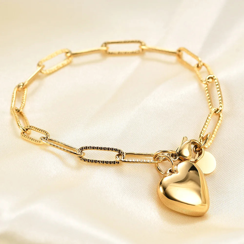 2022 New Arrival Rectangular Chain Bracelet Stainless Steel Bracelet Romantic Heart Pendant Bracelet for Women Girls