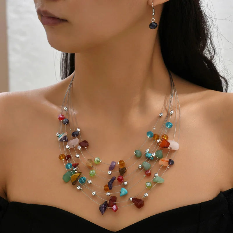 SC Popular Bohemian Geometric Stone Necklace Trendy Layered Choker Necklace Vintage Statement Colored Crystal Necklace for Women