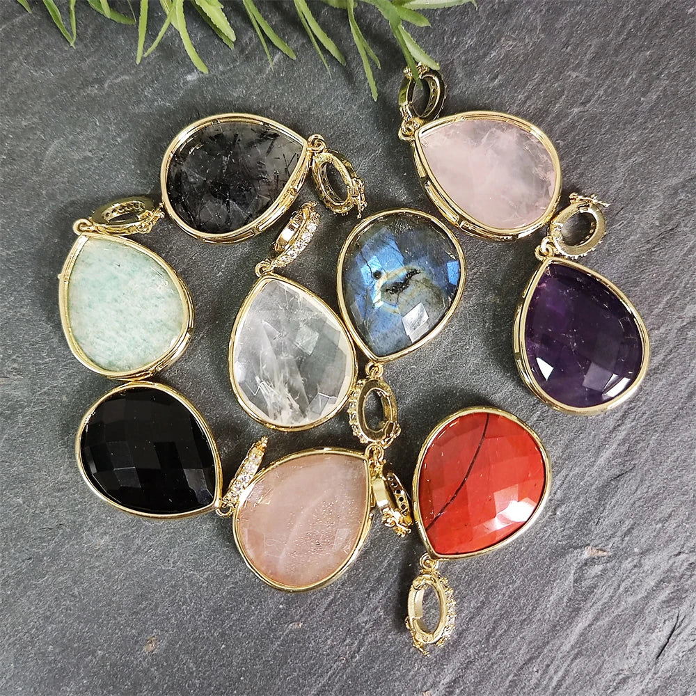 Elegant Design Natural Labradorite Amethyst Rose Quartz Water Drop Pendant CZ Paved Shiny Stone Gold Plated Girls Women Jewelry